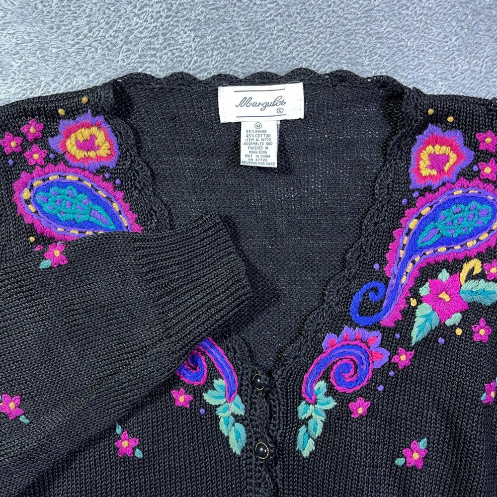 Margules Black Ramie Cotton Embroidered Floral Paisley Cardigan Sweater M